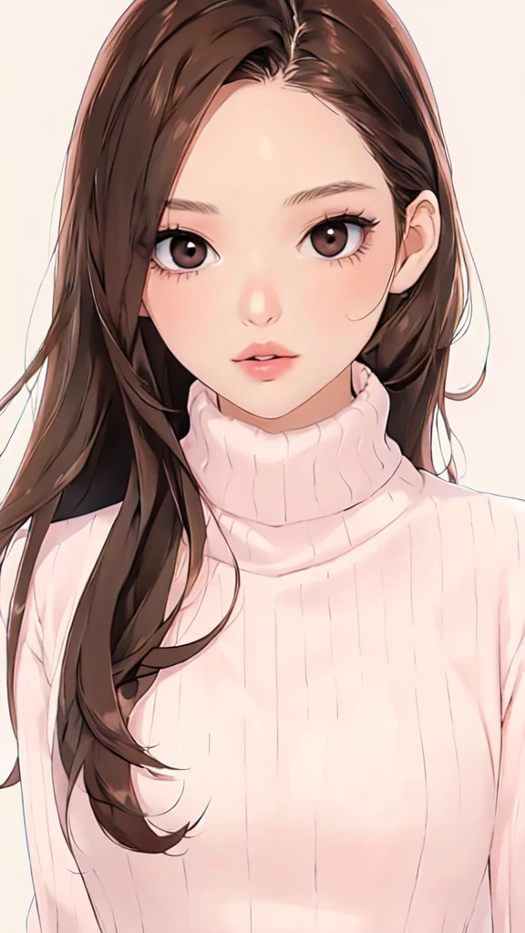 Girl, long brown hair, brown eyes, sharp features, white skin, pink lips, perfect, sweater