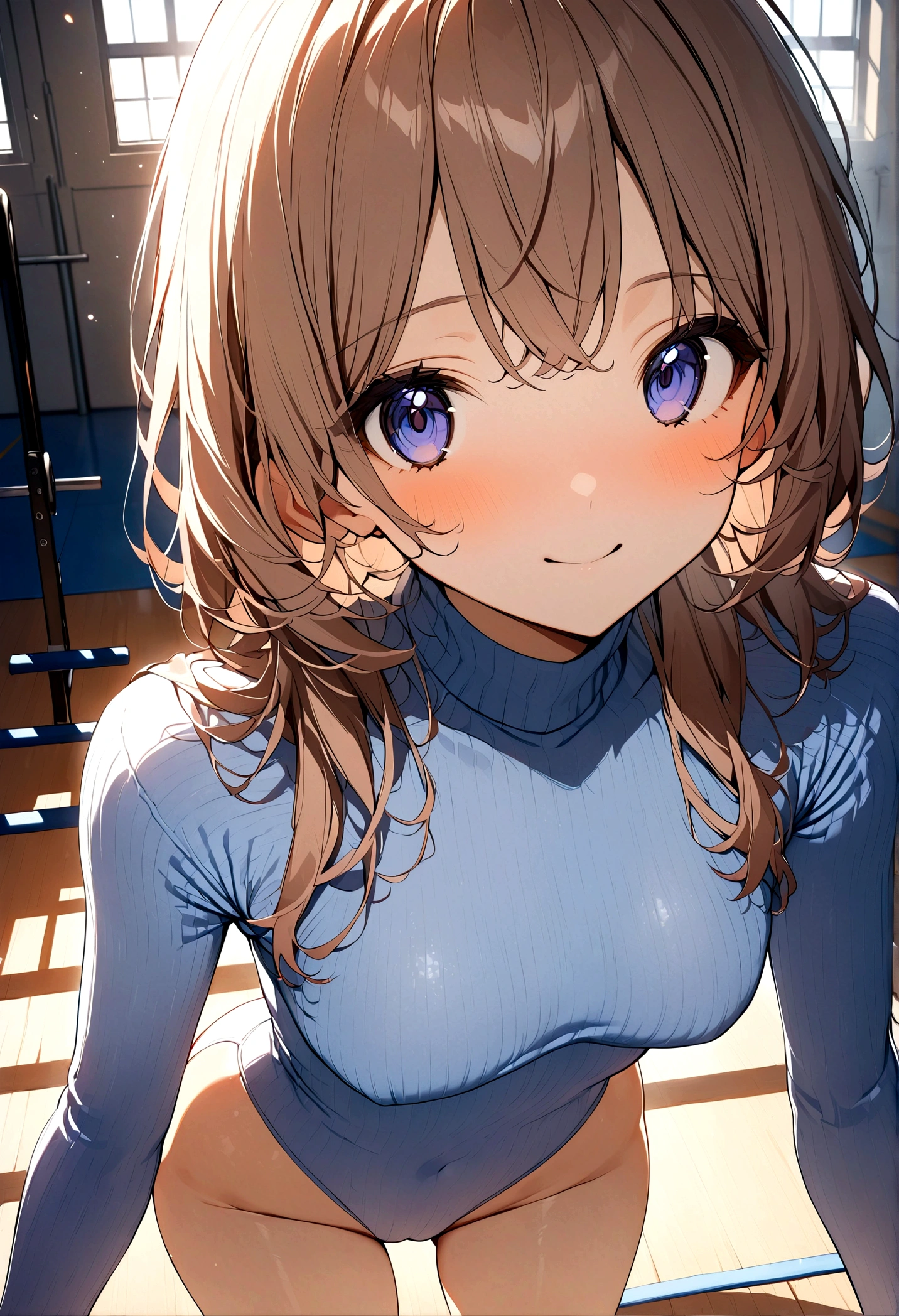 highquality illustration, masterpiece, very delicate and beautiful, attractive girl,(colorful leotard, heattech leotard,tight leotard,long_sleeve leotard,ribbed leotard,high_leg leotard,turtleneck leotard),gymnastics club,gymnastics athlete,bare legs,gymnasium background,beautiful eyes, light smile,(masterpiece, best quality:1.2), highres, extremely detailed CG unity 8k wallpaper, perfect lighting, Colourful, ultra-high res,4K,ultra-detailed, photography, 8K, HDR,