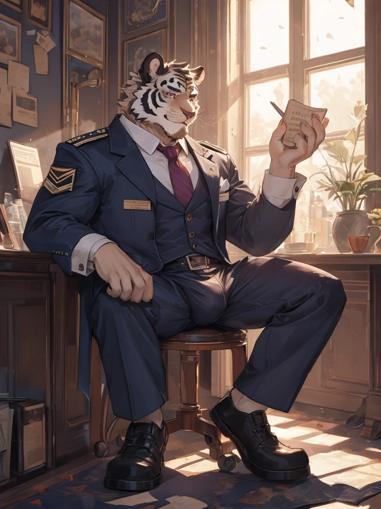 {{bara extremely handsome white tiger,}} {{white fur,}} white, wearing military like purple trench coat, purple trousers, white dress shirt and necktie, white fluffy furry body and limbs, loafers, very tall, very broad shoulders, narrow waist, muscular arms, massive pecs, purple eyes, very long legs,  sitting on swivel chair with legs spread, massive bulge, reading file, sophisticated hot look, full body, sunlight casting over, 3/4 view, best quality, high quality, silver earring on left ear, sultry smirk