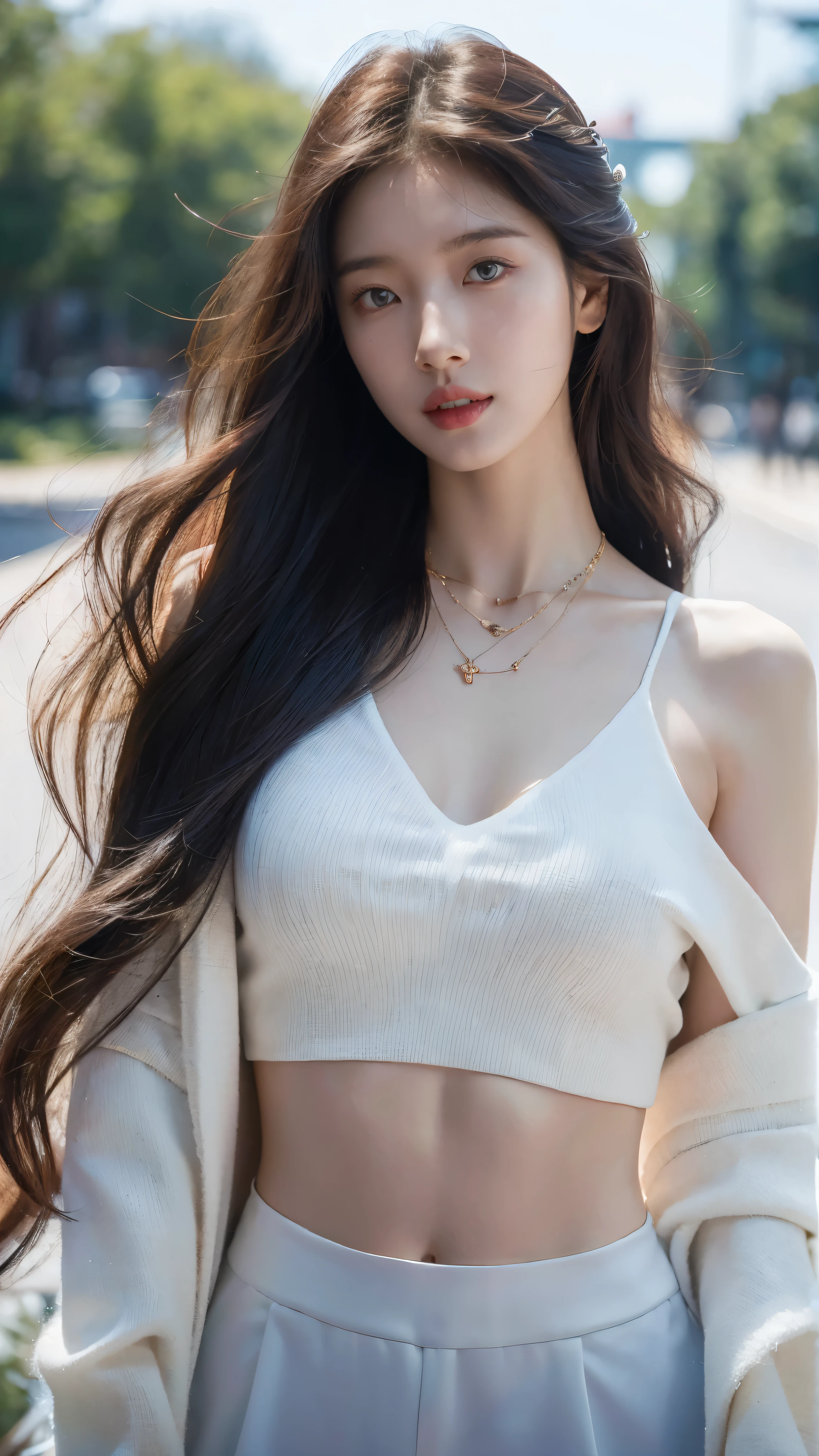 8K, masterpiece, RAW photos, best quality, Reality, extremely detailed CG unity 8K wallpaper, Depth of Field, light, lens flare, Ray Tracing, (Extremely beautiful face, Beautiful lips, beautiful eyes), Complex facial details, ((Ultra-delicate skin), Beautiful 1 girl best quality photos， Ultra-high resolution， （Realistically：1.4），Cute hairpin，1 Girl，Red long hair,Cropped sweater ，Beautiful slim woman:1.4, Visible abdominal muscles:1.4, on the island,Ultra-thin face，Exquisite eyes，Double eyelids，Necklace