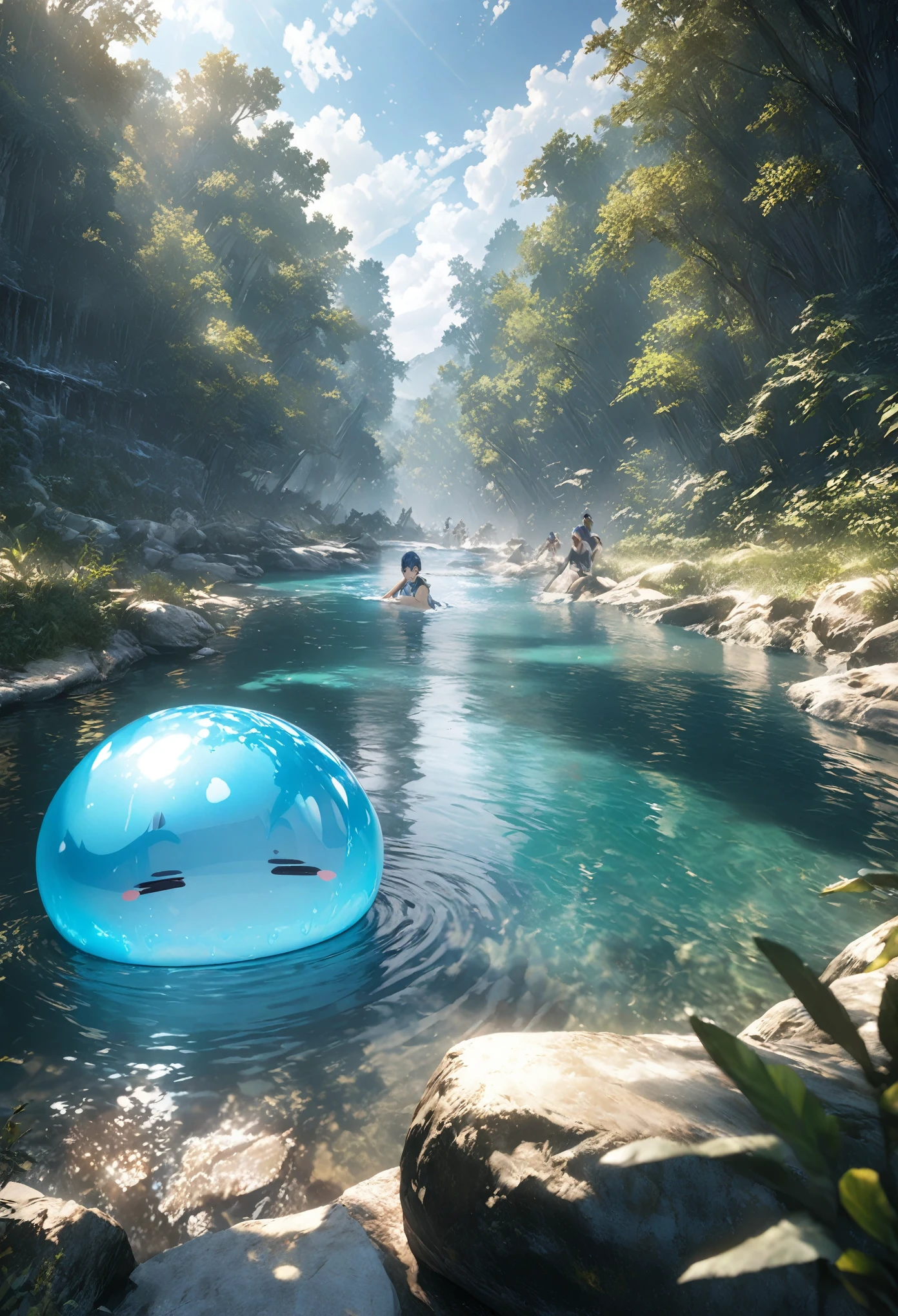 masterpiece, best quality, extremely detailed CG unity 8k wallpaper, a little blue haired boy sits on the banks of a crystal clear blue river in the middle of a natural forest. A cute translucent slime with a lot of expressions is bathing. This is a very cool anime illustration. Realistic representation of water flow. Octane's overall style, 3D art