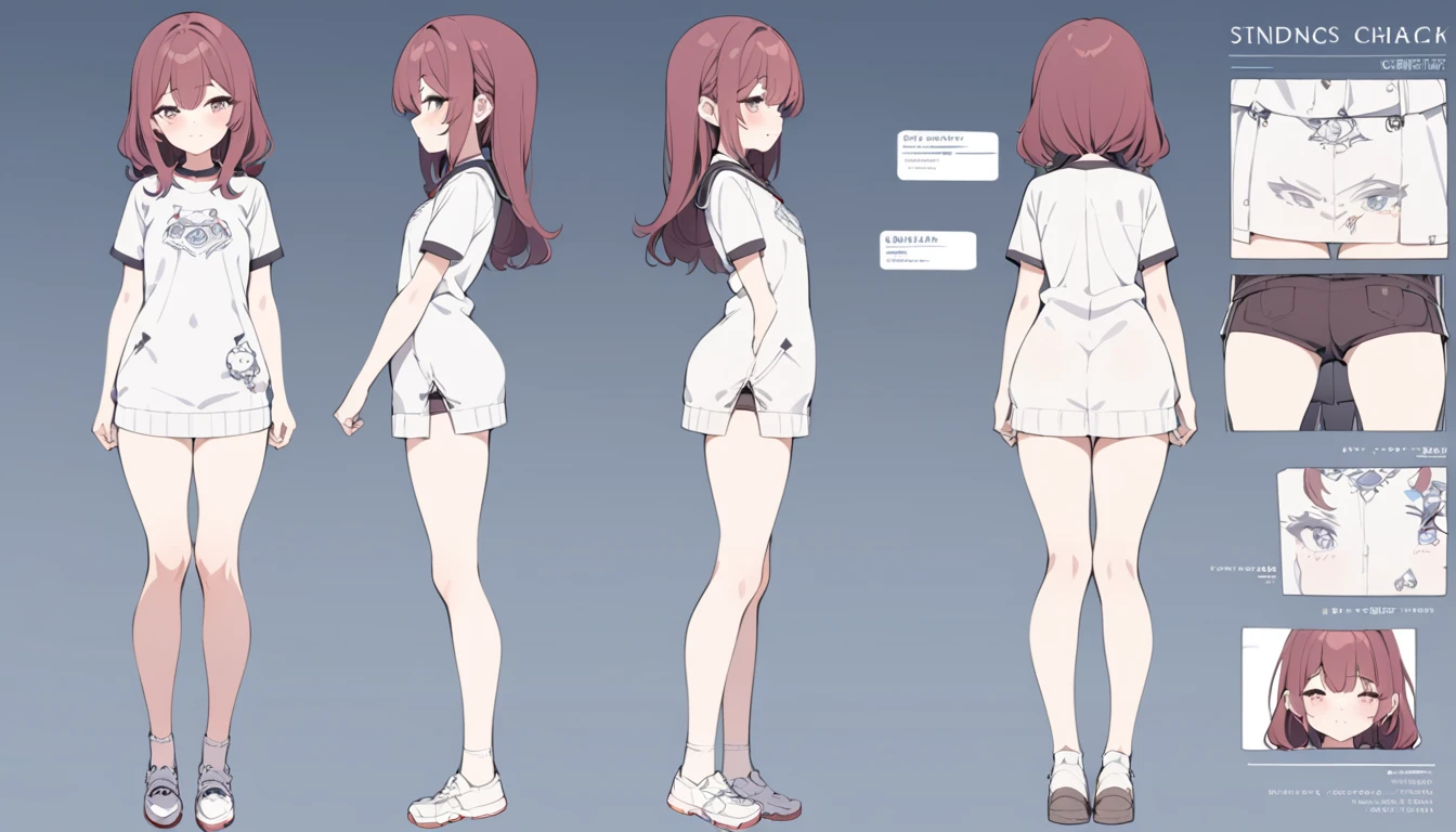 (best quality, masterpiece), 1girl, 15 yo,cute, standing girl, three view drawing, front and back and side, character sheet,full body,simple background,