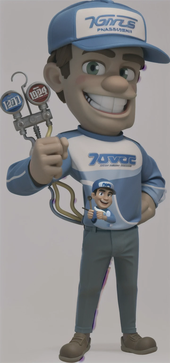 3d, Masterpiece artwork, disney pixar style man holding a pressure gauge, wearing cap, great smile, glad,  long sleeve shirt, mascote de corpo inteiro, official character illustration, wearing plumber uniform,  Mascot Illustration, detailed illustration, caricature, promotional rendering, bright coloured, rgb