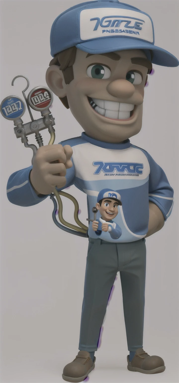 3d, Masterpiece artwork, disney pixar style man holding a pressure gauge, wearing cap, great smile, glad,  long sleeve shirt, mascote de corpo inteiro, official character illustration, wearing plumber uniform,  Mascot Illustration, detailed illustration, caricature, promotional rendering, bright coloured, rgb