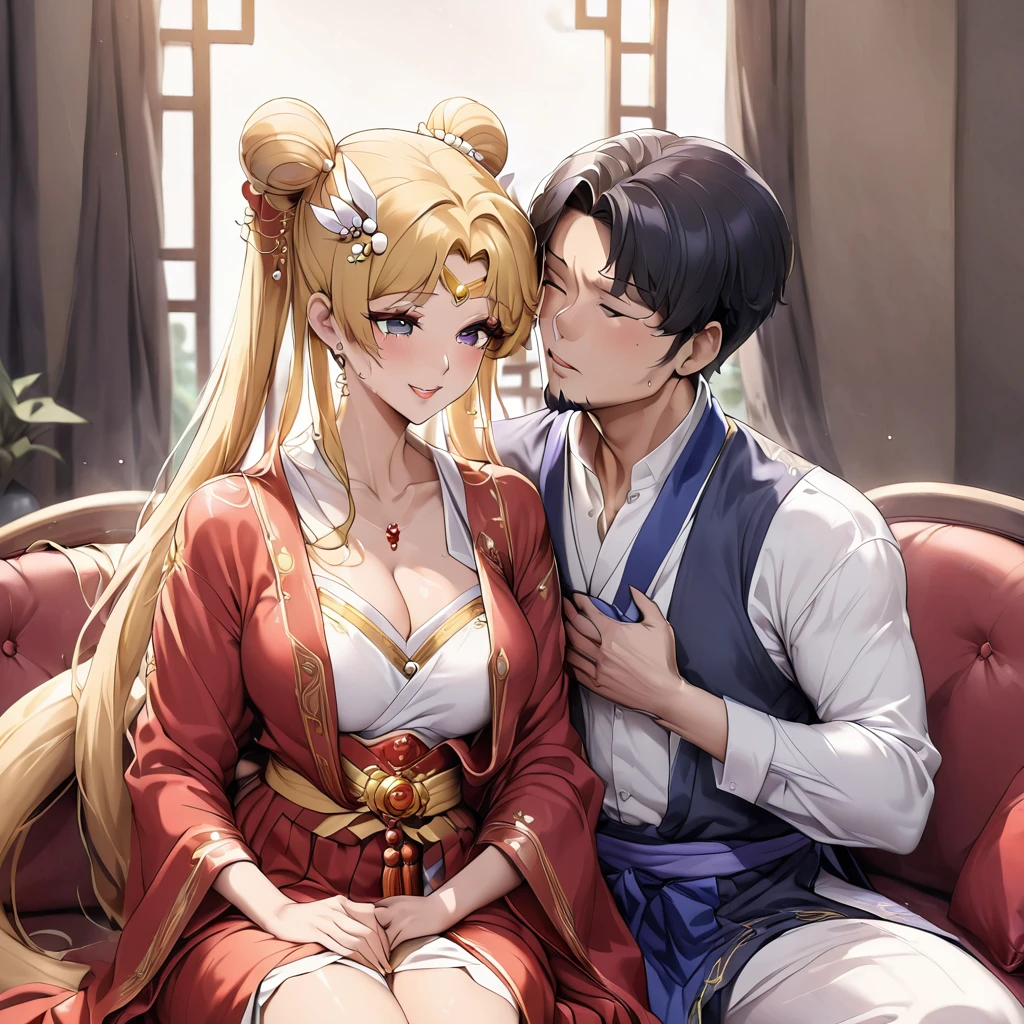 ((Highest quality)), ((masterpiece)), (detailed), （Perfect Face）、The woman is a Chinese girl named Tsukino Usagi, dressed in a gorgeous, glittering red Hanfu outfit with lots of gold embroidery, a gorgeous hair ornament, gorgeous jeweled accessories and an engagement ring. The two are sitting on a gorgeous, large sofa in a gorgeous room, and the woman is embracing and kissing the middle-aged Chinese man dressed in a dignified and sturdy Hanfu, making love to each other.、The woman is the elegant Tsukino Usagi, a Chinese woman with long blonde hair in a chignon twin tail and wearing a red Hanfu with gorgeous gold embroidery all over it.、The man is a dignified, muscular, bearded, middle-aged Chinese man wearing the traditional Chinese dress, Hanfu.