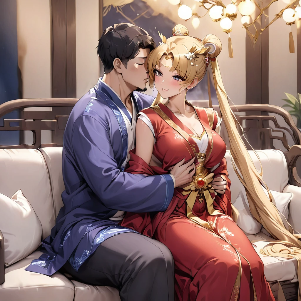 ((Highest quality)), ((masterpiece)), (detailed), (Perfect Face)、The woman is a Chinese girl named Tsukino Usagi, dressed in a gorgeous, glittering red Hanfu outfit with lots of gold embroidery, a gorgeous hair ornament, gorgeous jeweled accessories and an engagement ring. The two are sitting on a gorgeous, large sofa in a gorgeous room, and the woman is embracing and kissing the middle-aged Chinese man dressed in a dignified and sturdy Hanfu, making love to each other.、The woman is the elegant Tsukino Usagi, a Chinese woman with long blonde hair in a chignon twin tail and wearing a red Hanfu with gorgeous gold embroidery all over it.、The man is a dignified, muscular, bearded, middle-aged Chinese man wearing the traditional Chinese dress, Hanfu.