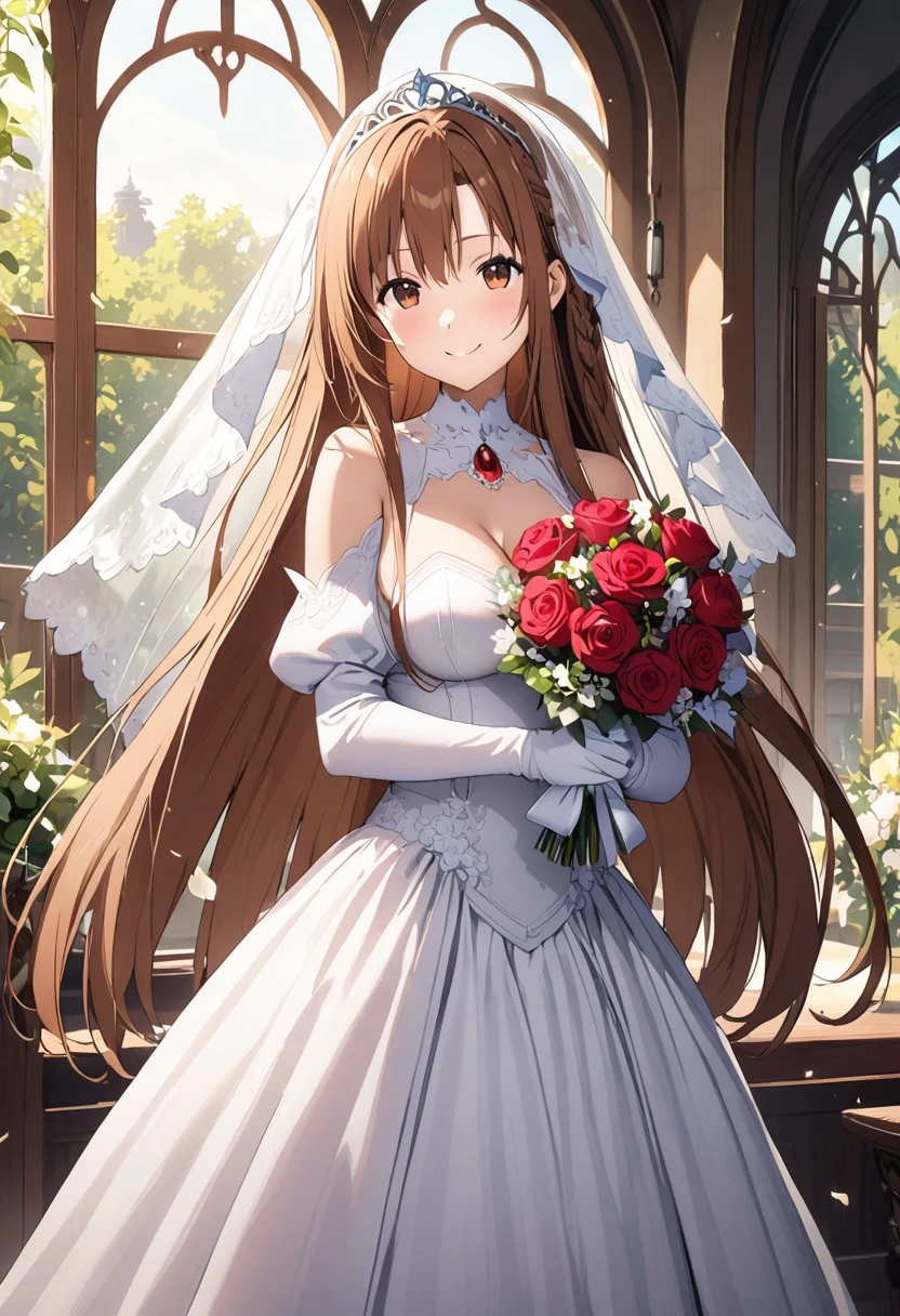 Highest quality、Super detailed、High resolution illustrations、Ultra-high-definition CG、8k size wallpaper、Production Art、Light novel illustrations、(1People Girls)、asuna yuuki, long hair, bangs, brown hair, brown eyes, very long hair, braid、dress, bare shoulders, detached sleeves, white dress, A smile full of happiness、Puff sleeves、Wedding Veil、tiara、Cleavage cutouts、Red brooch、Wedding dress、White Dress、White Gloves、Long skirt、White stiletto heels、Holding a bouquet in both hands、hyperrealistic、spoken heart