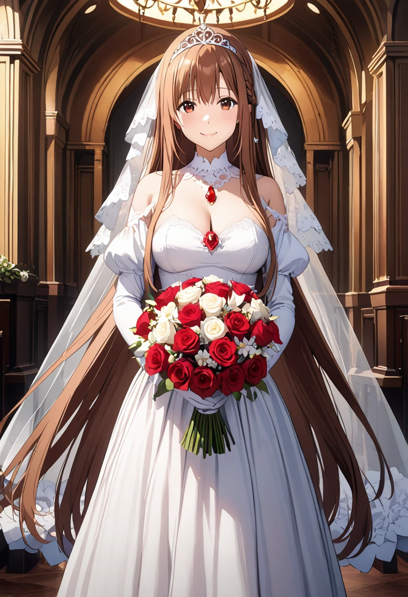 Highest quality、Super detailed、High resolution illustrations、Ultra-high-definition CG、8k size wallpaper、Production Art、Light novel illustrations、(1People Girls)、asuna yuuki, long hair, bangs, brown hair, brown eyes, very long hair, braid、dress, bare shoulders, detached sleeves, white dress, A smile full of happiness、Puff sleeves、Wedding Veil、tiara、Cleavage cutouts、Red brooch、Wedding dress、White Dress、White Gloves、Long skirt、White stiletto heels、Holding a bouquet in both hands、hyperrealistic、spoken heart