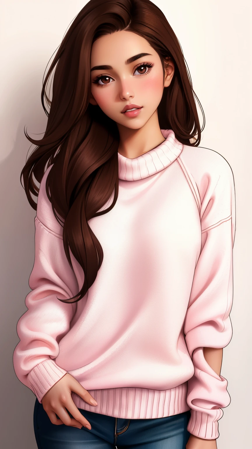 Girl, long straight brown hair, brown eyes, sharp features, white skin, pink lips, soft and delicate, perfect, sweater