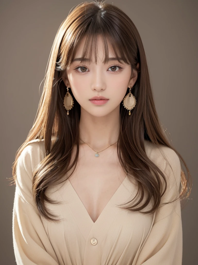 ((Highest quality, 8K, masterpiece:1.3)), concentrate: 1.2, Perfect body beauty: 1.4, Hips: 1.2, ((Long Hair, chest: 1.2)), (Dry clothes: 1.1) , (clear, Simple Background:1.3), Simple clothes: 1.1, Highly detailed face and skin texture,Delicate eyes, double eyelid, Whitened skin, Rough skin、Long Hair、Earrings with bangs、necklace、 solo、Beige coat、White shirt, (((Beautiful girl with cute Japan)))、 ((Beautiful Japanese girl 20 years old))、 ((Baby Face))、 (((Slender body)))、 Upper Body,Face focus、necklace,Simple Background,From above, Realistic Hair、 A photograph was taken:Canon EOS R6、135mm、1/1250 seconds、f2.8、ISO400、(Detailed explanation of the hand)、(Masseter muscle area)、(Exquisite CG)、Long Hair, loose and curly hair、Korean Hair、Long Hair明るいベージュ色、グラデーションハイライトグレージュのゆるふわLong Hairスタイル、