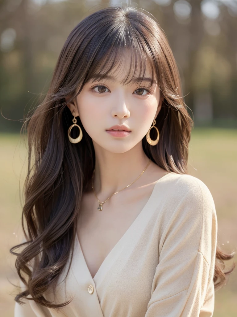 ((Highest quality, 8K, masterpiece:1.3)), concentrate: 1.2, Perfect body beauty: 1.4, Hips: 1.2, ((Long Hair, chest: 1.2)), (Dry clothes: 1.1) , (clear, Simple Background:1.3), Simple clothes: 1.1, Highly detailed face and skin texture,Delicate eyes, double eyelid, Whitened skin, Rough skin、Long Hair、Earrings with bangs、necklace、 solo、Beige coat、White shirt, (((Beautiful girl with cute Japan)))、 ((Beautiful Japanese girl 20 years old))、 ((Baby Face))、 (((Slender body)))、 Upper Body,Face focus、necklace,Simple Background,From above, Realistic Hair、 A photograph was taken:Canon EOS R6、135mm、1/1250 seconds、f2.8、ISO400、(Detailed explanation of the hand)、(Masseter muscle area)、(Exquisite CG)、Long Hair, loose and curly hair、Korean Hair、Long Hair明るいベージュ色、グラデーションハイライトグレージュのゆるふわLong Hairスタイル、