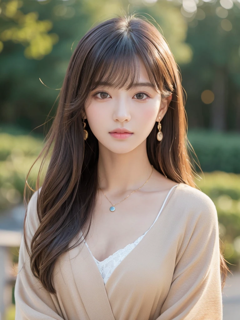 ((Highest quality, 8K, masterpiece:1.3)), concentrate: 1.2, Perfect body beauty: 1.4, Hips: 1.2, ((Long Hair, chest: 1.2)), (Dry clothes: 1.1) , (clear, Simple Background:1.3), Simple clothes: 1.1, Highly detailed face and skin texture,Delicate eyes, double eyelid, Whitened skin, Rough skin、Long Hair、Earrings with bangs、necklace、 solo、Beige coat、White shirt, (((Beautiful girl with cute Japan)))、 ((Beautiful Japanese girl 20 years old))、 ((Baby Face))、 (((Slender body)))、 Upper Body,Face focus、necklace,Simple Background,From above, Realistic Hair、 A photograph was taken:Canon EOS R6、135mm、1/1250 seconds、f2.8、ISO400、(Detailed explanation of the hand)、(Masseter muscle area)、(Exquisite CG)、Long Hair, loose and curly hair、Korean Hair、Long Hair明るいベージュ色、グラデーションハイライトグレージュのゆるふわLong Hairスタイル、