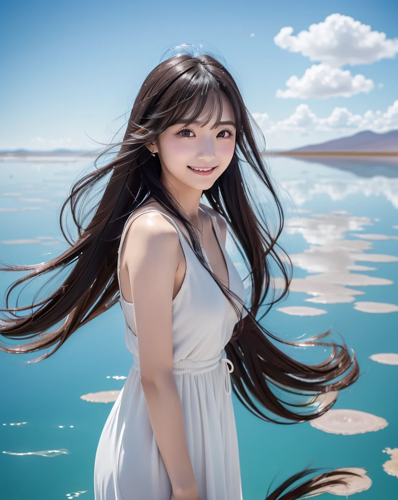 (Highest quality, 32k, High resolution, Masterpiece:1.5), marimo_jet, god々A photograph with brilliant dazzling and healing power., Evoking a sense of calm and elusive beauty, Expressing emotions, Have a rich imagination, Beautiful Japanese Girls, An exceptionally beautiful face, Small Face Beauty, , Perfect Human Anatomy, Magical big eyes, Motherhood and generosity, Deep Love, fleeting smile, Shiny black hair, Super long hair swaying in the wind, Asymmetrical bangs, Hair between the eyes, Transparent, soft white skin, Sharp eyebrows, Thin lashes, ((Natural Makeup:1.3)), White dress, High resolutionの完璧な鎖骨, High resolutionの美しい胸元, Slim figure with ample breasts, High resolutionの美しい太もも, ((Distant Horizon:1.5)), ((Salar de Uyuni stretches to the horizon:1.3)), ((The water surface reflects the sky like a mirror:1.5)), Beautiful detailed blue sky, Professional photographer, Professional Lighting, Professional models