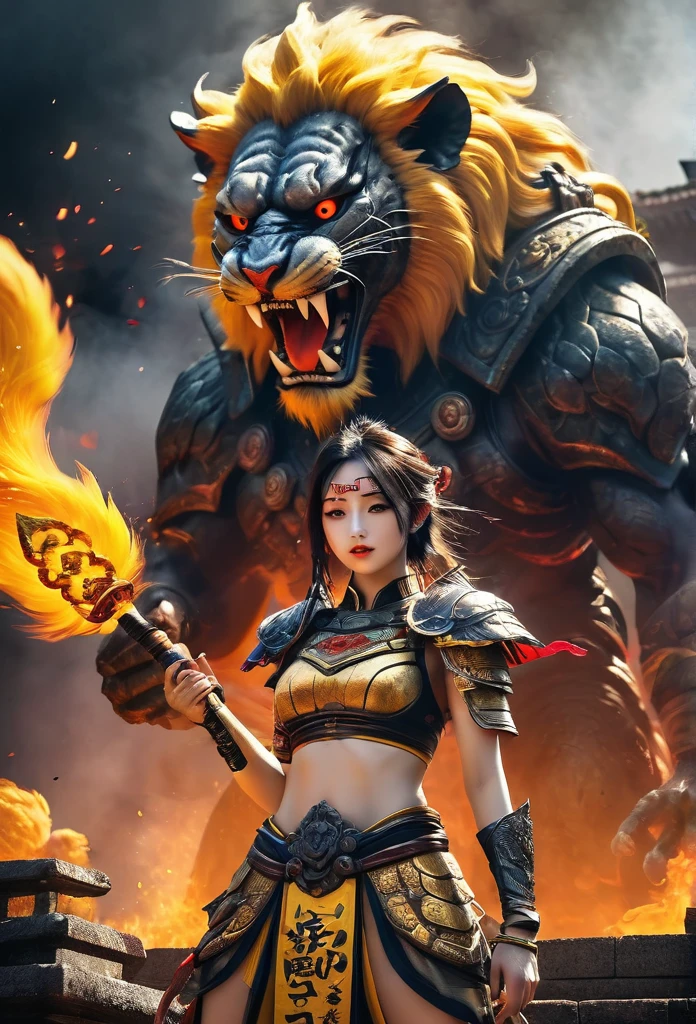blood girl, and a huge fire yellow lion, made of smoke, wearing a warrior outfit complete with armor hovering around the ruins of an ancient temple, inspired by Japanese gods, carrying a huge divine sword, temple background, Japan, dark, horror vibes, , smoke , fire , big add some big snakes in the back , Japanese mythical god , evil smile , crazy eyes , blindfold , fuji color , high detail , high quality , accurate