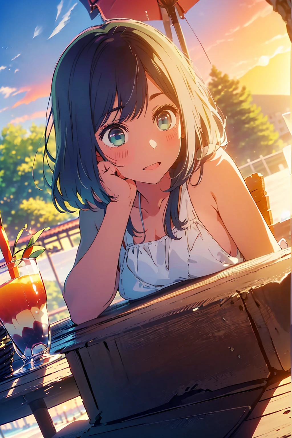 (Highest quality:1.4、masterpiece:1.4、Super detailed:1.4、8K:1.4)、F cup bust、Big Breasts、Slim body、((((1 person、Surprised expression、sit、In the background are the urban buildings of Tokyo、looking at the camera、Outdoor café terrace、coastal、Navy hair color、Shooting from an angle、juice、table、Sunset Beach、sunset、Very cute face))))、(((nude、Areola、bikini)))、Big eyes、((((Shallow depth of field))))、juiceの入ったグラスを持つ
