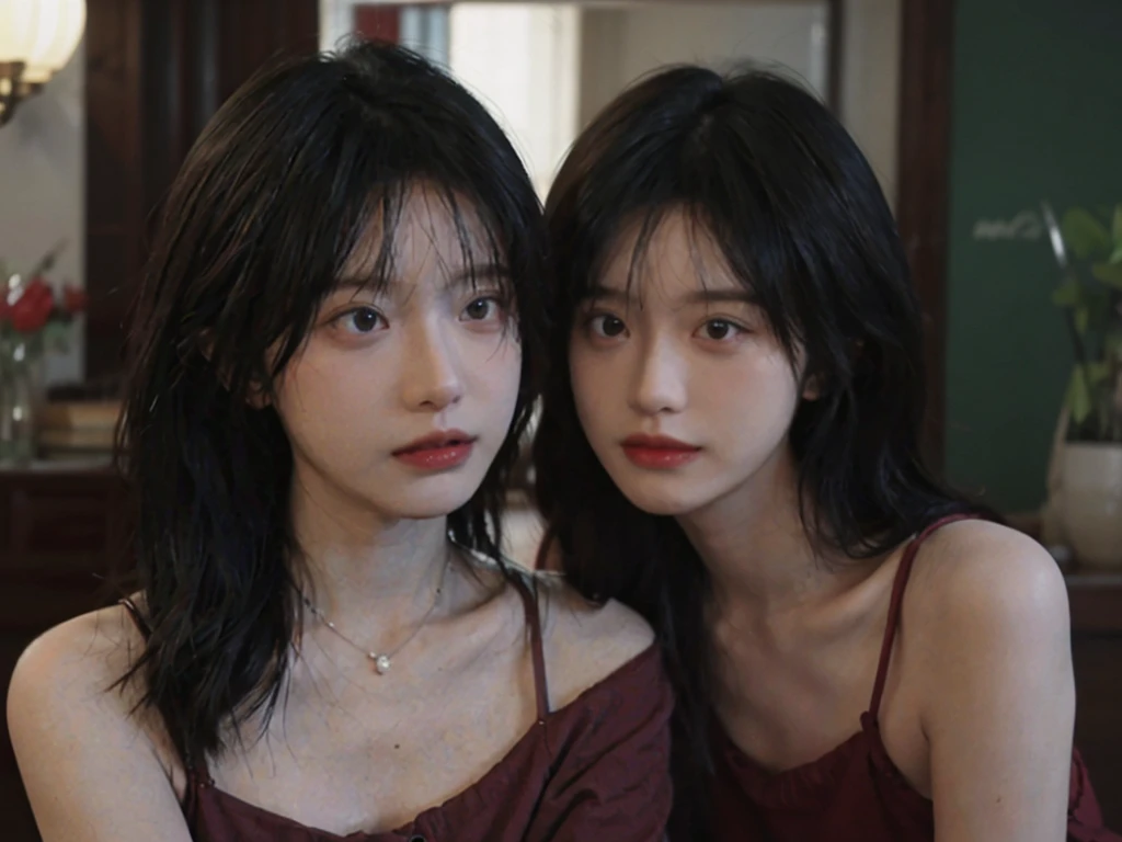 Film portrait photography, 2 girls, Bare shoulders,Lipstick,(flat chest:1.4), Wear a necklace,Cute expression,Exquisite makeup,Red suspenders,serene, calm, (Realistic and detailed eyes, Natural skin texture, Realistic facial details), Big breasts:1.6,Big Breasts,Soft dramatic lighting, Depth of Field, Bokeh, Vibrant details, Detailed and detailed, Surreal, 35mm film, hazy, ,