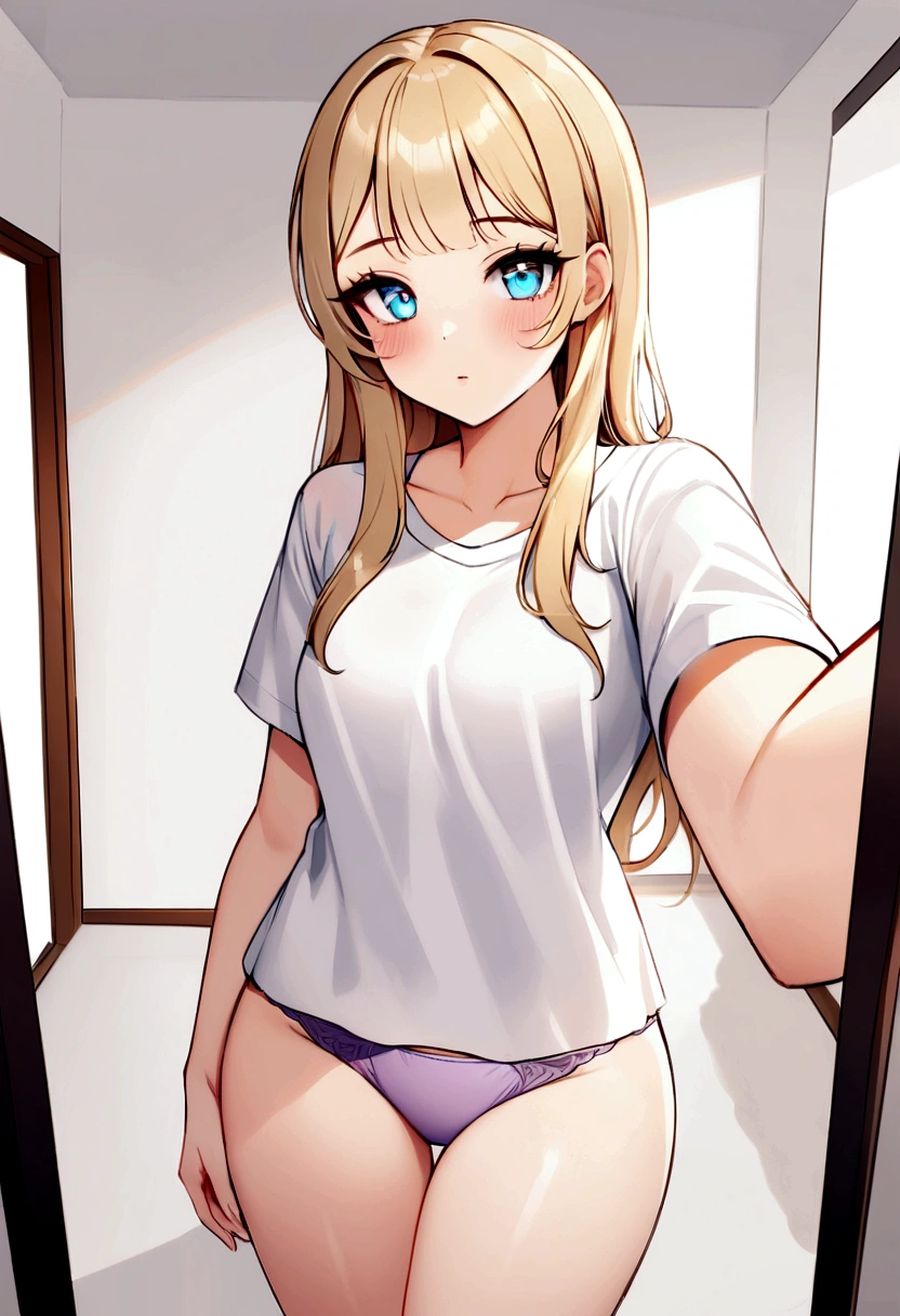Arafed woman in the same T-shirt and panties, Sexy girl with blue eyes, Portrait of Sophie Mudd, blonde hair and big eyes, NFV (only in English), selfie of a young woman, eyes in the bedroom, Violet Myers, without makeup, Natural makeup, looking straight into the camera, Face with Artgram, Delicate makeup, Stunning full length photo, split, naked