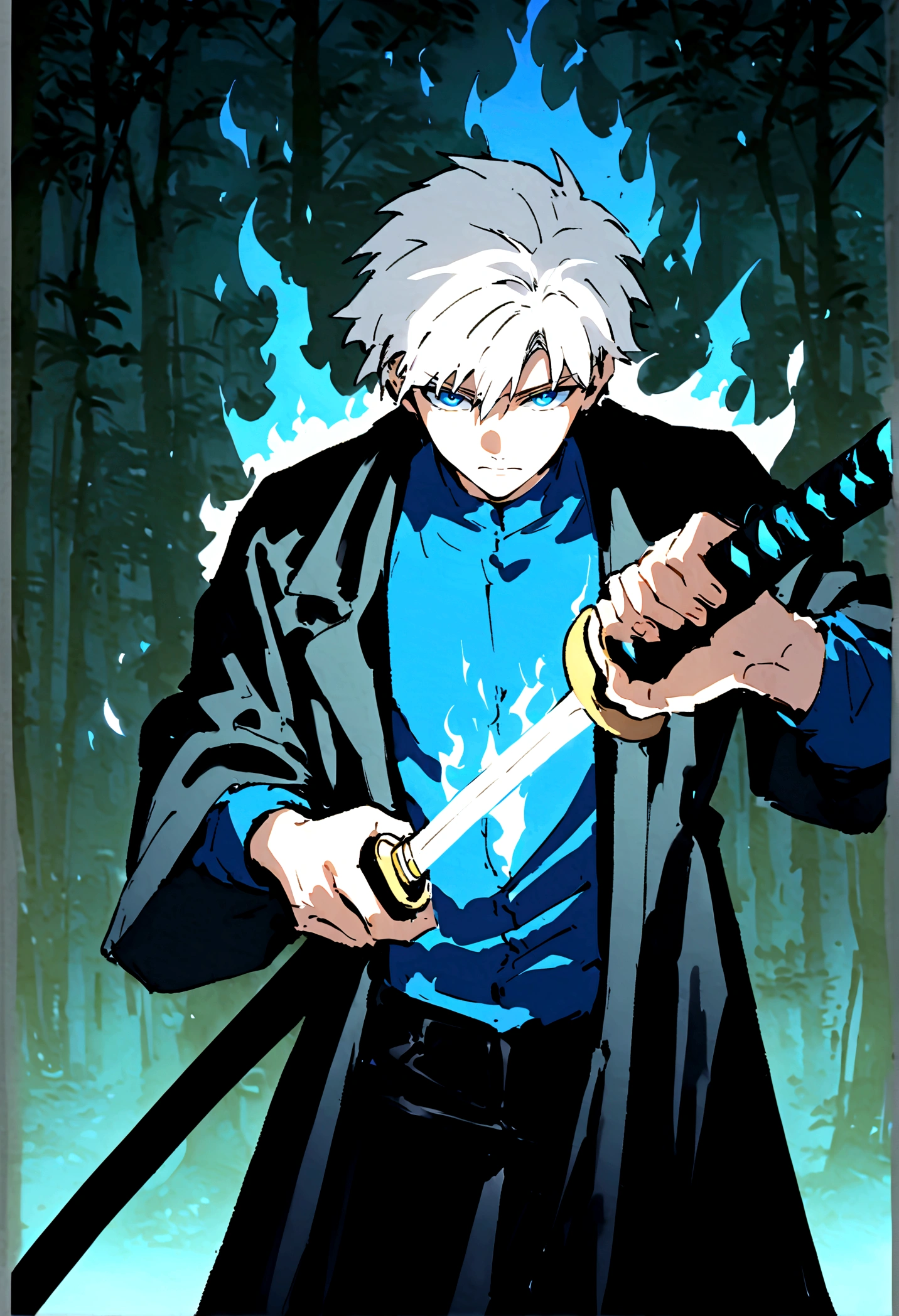 A white hair anime boy in his 20s with White hair and blue eyes wearing a blue shirt with a tall black coat design with glowing blue flames wearing black jeans and holding a katana in his hand with blue Phoenician flames as he's in a forest at night 