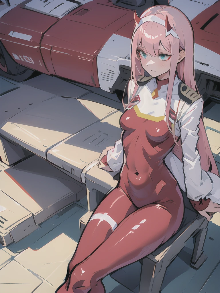 zero two \(darling in franxx\), darling in franxx, 1girl, bangs, bite, shadow, green eyes, horns, long hair, looking at the viewer, small breasts, makeup, small breasts, red bodysuit, pink hair, red eyeshadow, tight skin, solo