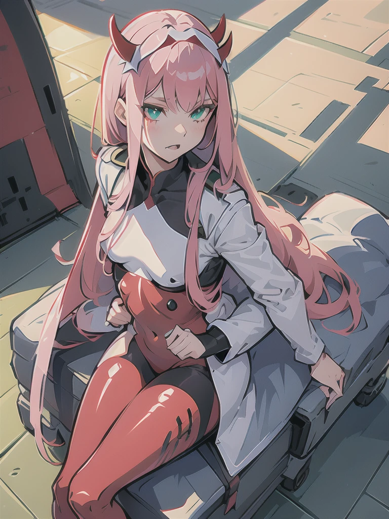 zero two \(darling in franxx\), darling in franxx, 1girl, bangs, bite, shadow, green eyes, horns, long hair, looking at the viewer, small breasts, makeup, small breasts, red bodysuit, pink hair, red eyeshadow, tight skin, solo