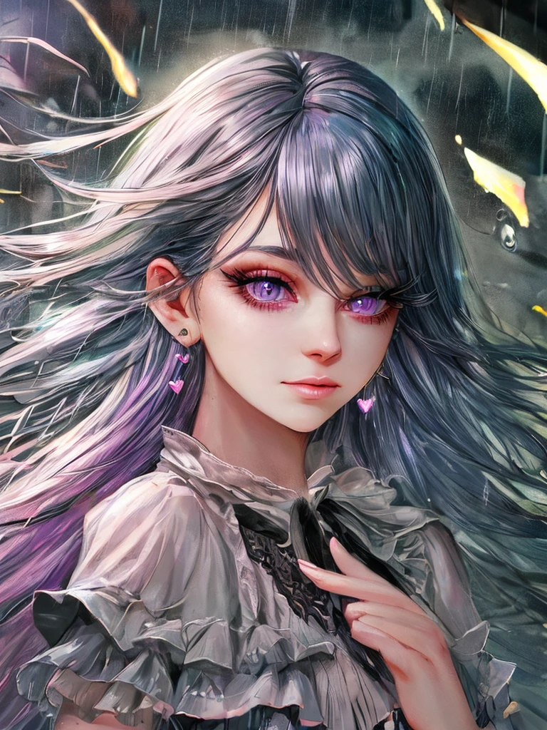 rain,Beauty,High nose,Long eyelashes,目にLight,Pink Lips,Closed Mouth,pastel colour,purple,Dull pink,Dull Blue,heart,Bobcut,Light,Strong winds,Fluttering Hair,Earrings,Smoke a cigarette,bad,cigarette,目にLight,Black Dress,Black lace,Black Hair,Inner color hair