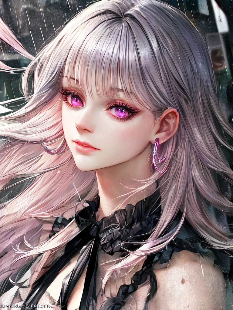 rain,Beauty,High nose,Long eyelashes,目にLight,Pink Lips,Closed Mouth,pastel colour,purple,Dull pink,Dull Blue,heart,Bobcut,Light,Strong winds,Fluttering Hair,Earrings,Smoke a cigarette,bad,cigarette,目にLight,Black Dress,Black lace,Black Hair,Inner color hair