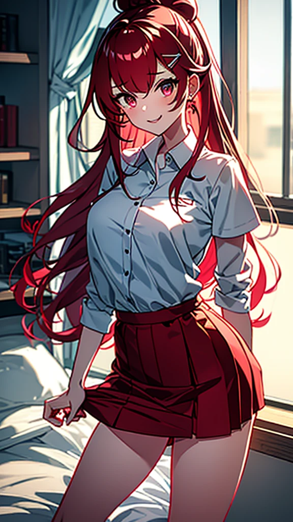 high tail hairstyle, Ponytail hairstyle, Long wavy black hair, standing posing, anime girl style, pixel art anime style,penetrating look with deep eyes,red and purple eyes, hair with a ponytail hairstyle trapped with a big red bun, Women, red hair clips, x color shaped hair clips , short white shirt, smooth receptionist miniskirt, smiling face blush, standing in his bedroom, next to his bed, receptionist clothes, lifting her skirt, grabbing her skirt with her hands to lift it up, letting her look at her underwear. 
