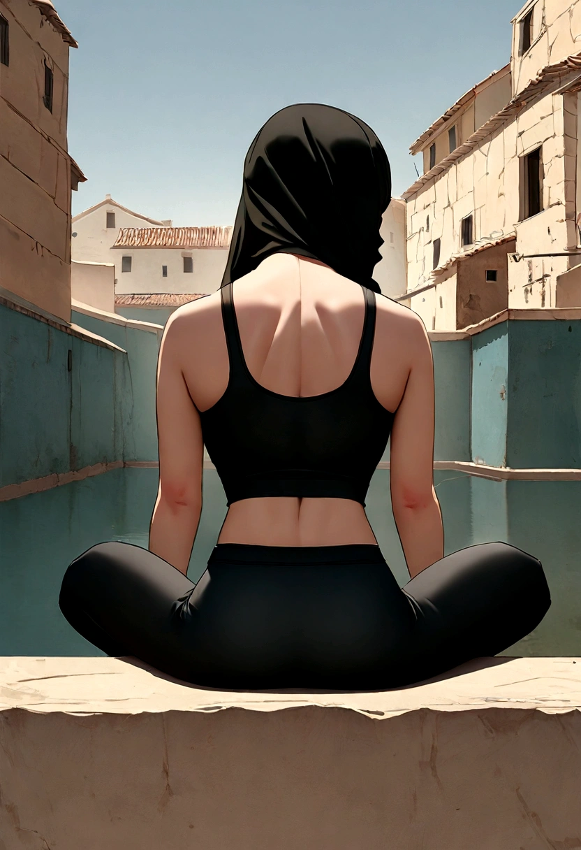 gir wearing black hijab and black yoga outfit, back view, sitting in a meditation position, diante de um orisonte lindo, com o sol se pondo, in connection with the divine, foto de retrato, Directed by: Drew Tucker, Directed by: Adam Marczyński, Directed by: Alexander Kucharsky, Surrealismo 8K, Directed by: Jason Felix, Yuri Shwedoff e Tom Bagshaw, arte ilustrativa, Estilo Erik Johansson
