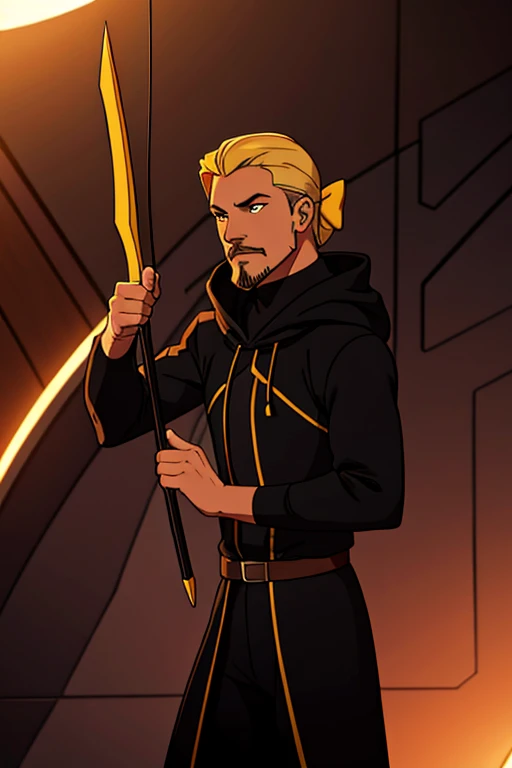 Onyx archer, male, 30s, hood, short blonde hair, facial hair, bow, located on spaceship