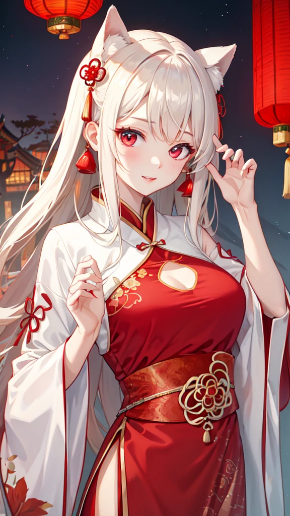 8k, Masterpiece Best Quality, Women, man, (soft shape), Perfect face, hanfu dress, sexy, fascinating, fine fabric chinese dress, tower, red lantern tower,