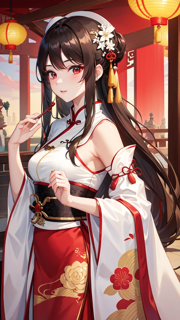 8k, Masterpiece Best Quality, Women, man, (soft shape), Perfect face, hanfu dress, sexy, fascinating, fine fabric chinese dress, tower, red lantern tower,