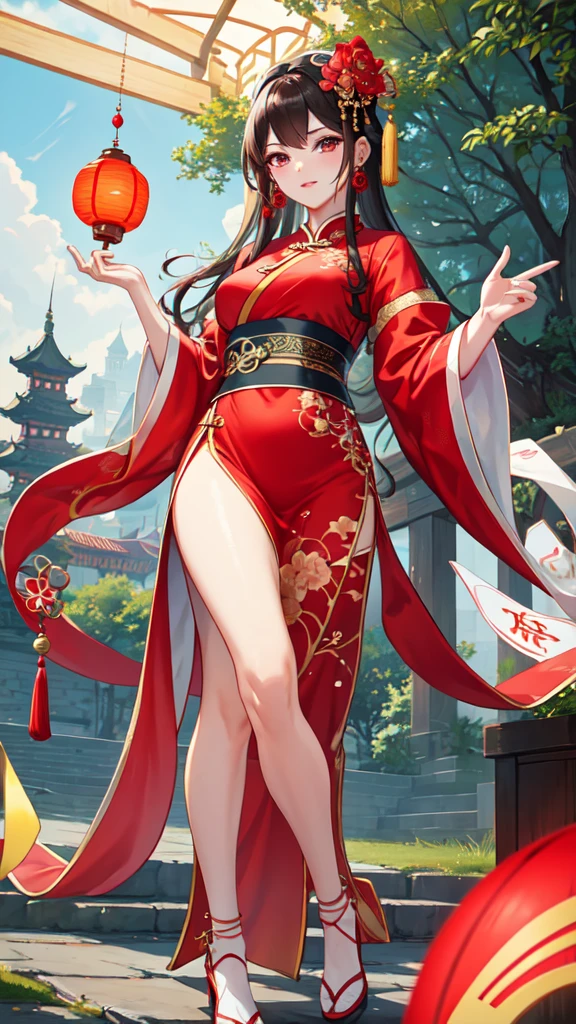 8k, Masterpiece Best Quality, Women, man, (soft shape), Perfect face, hanfu dress, sexy, fascinating, fine fabric chinese dress, tower, red lantern tower,