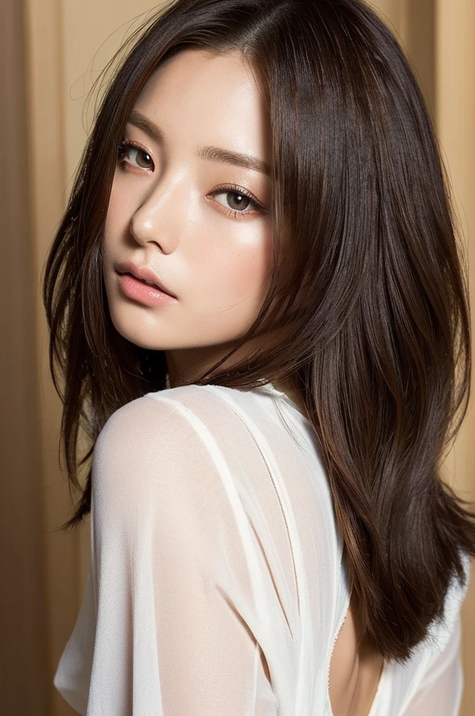 ((masterpiece:1.4, Highest quality)), ((masterpiece, Highest quality)), (Photorealistic:1.4), Professional Lighting, Highly detailed eyes and face, Beautiful eyes in every detail, (Beautiful Japanese Girl:1.05), Face Focus, From the back、Medium Hair、Long Bob、1 Girl、Don&#39;t look at the camera、profile、((Winter clothes))、necklace、(Pastel colored clothes)、((Brown Hair))、The eye color is dark brown、Correct hand of human body、Earrings、White wall、In front of a white door、(窓のあるWhite wallの部屋)