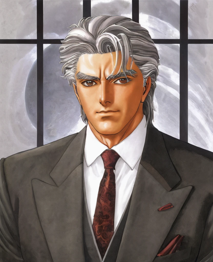 "Create a detailed and elegant anime portrait of a mature man. He should have an air of sophistication, with well-groomed hair, a sharp suit, and a contemplative expression. The background should be a refined setting, such as a luxurious study or a grand hall."