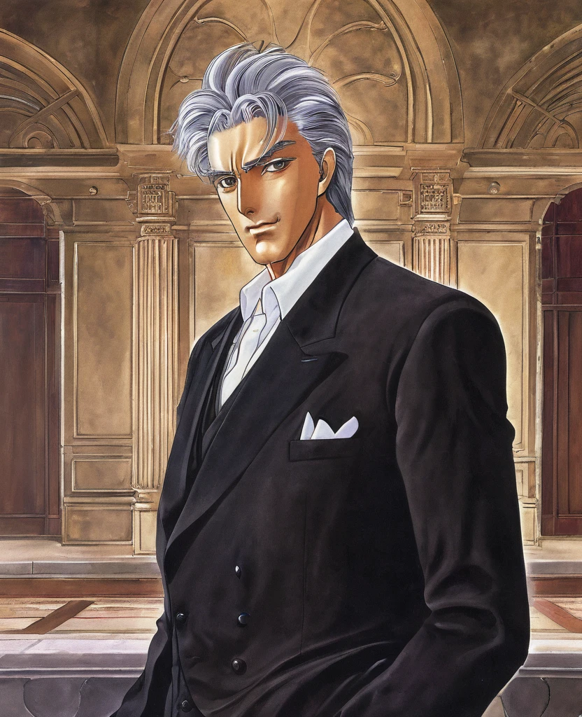 "Create a detailed and elegant anime portrait of a mature man. He should have an air of sophistication, with well-groomed hair, a sharp suit, and a contemplative expression. The background should be a refined setting, such as a luxurious study or a grand hall."