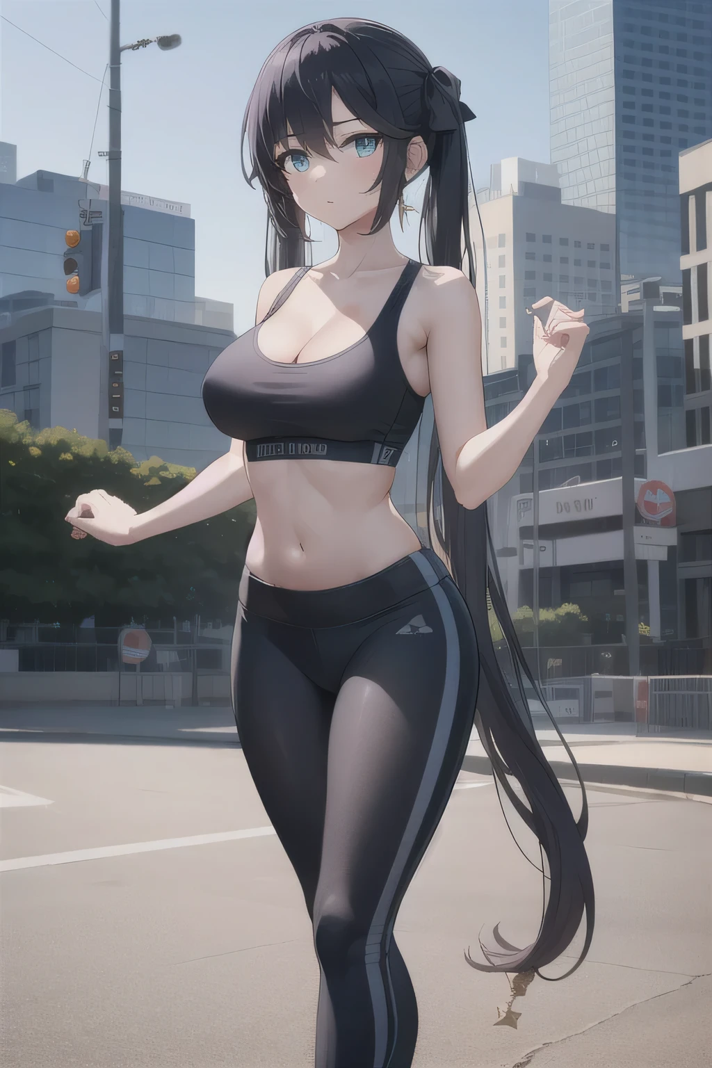 1girl、Monamegistuona、solo、blue eyes、Hair between the eyes、Twin tails、hair bow、Very long hair、Purple Hair、Big Breasts、(Large Breasts:1.2)、Earrings、Green sports bra、Black yoga pants、cleavage、naval、collarbone、midriff、High heels、sports bra with an green、yoga pants with an black、Long Hair、sports bra and yoga pants only、BREAK outdoors、city、BREAK looking at viewer、BREAK (masterpiece:1.2)、Highest quality、High resolution、unity 8k wallpaper、(figure:0.8)、(Beautiful attention to detail:1.6)、Highly detailed face、Perfect lighting、Highly detailed CG、(Perfect hands, Perfect Anatomy)、Are standing、