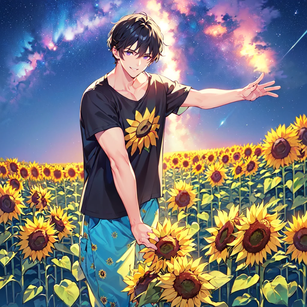masterpiece,best quality,high quality,(1 male austere handsome solo adult age 30 years old:1.5), purple eyes, cool with suspended eyes, V-shaped eyebrows, body strong and fearless 8.5 head tall, height 185cm, (well-groomed black short hair down to neck:1.4), (bangs 7 thirds parted:1.4), slender nose, facial muscles, throat, (tee shirt with sunflower print summer fashion pants:1.3), (arms outstretched), (stylish pose), (cool smile:1.3), (background sunflower flower field:1.3) , (Milky Way Night Sky: 1.3)
