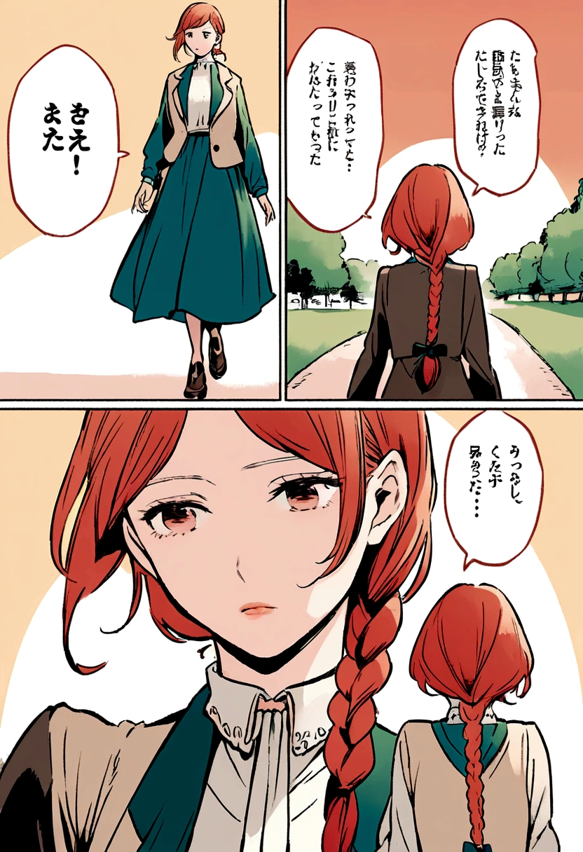 Comic illustration, redhead woman with long braid, She is walking in the park, wear nice clothes, Comic illustration.