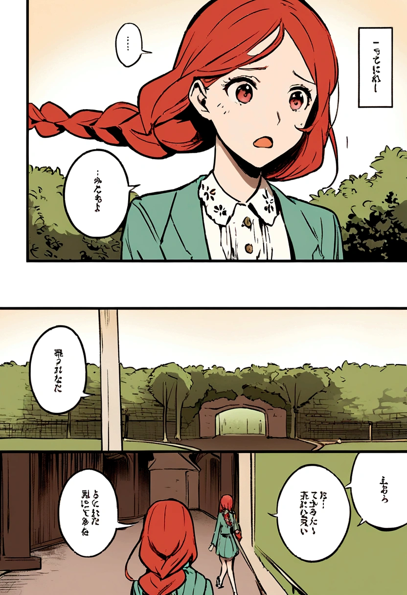 Comic illustration, redhead woman with long braid, She is walking in the park, wear nice clothes, Comic illustration.