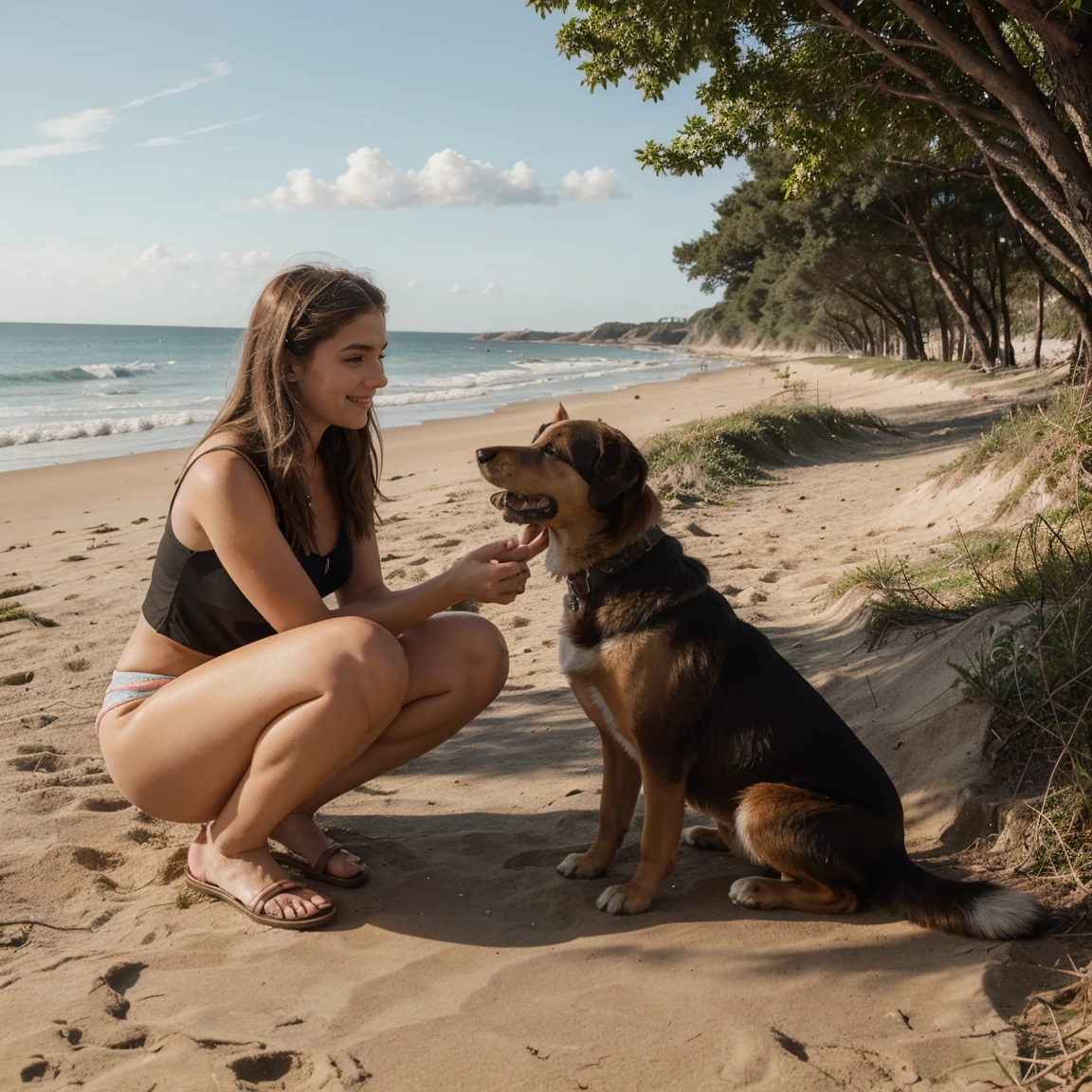 Lucie petting a dog by the beach, grosse poitirne