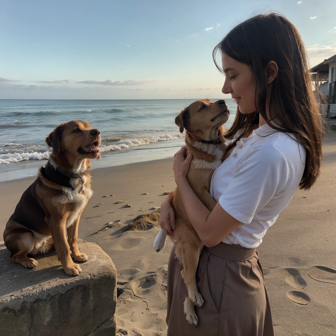 Lucie petting a dog by the beach, grosse poitirne