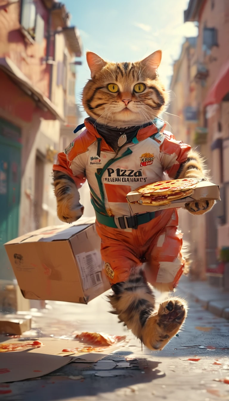 ((full body)), fat cat in pizza delivery suit, running down the street, pizza box in paws, in action action-packed background, cinematic, high quality detail, high realism, bright contrasting colors