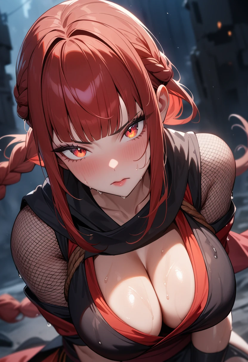 1girl,solo,super detailed skin,shiny skin,wet oily skin,serious face,lips gloss,eyelashes,glowing red eyes,red hair,blunt bangs,sidelocks,a braid,large breasts,Shinobi clothes,ninja style,cleavage cutout,fishnet,ninja motion,night ruins,masterpiece,best quality,ultra detailed,high resolution,sharp focus,depth of field,