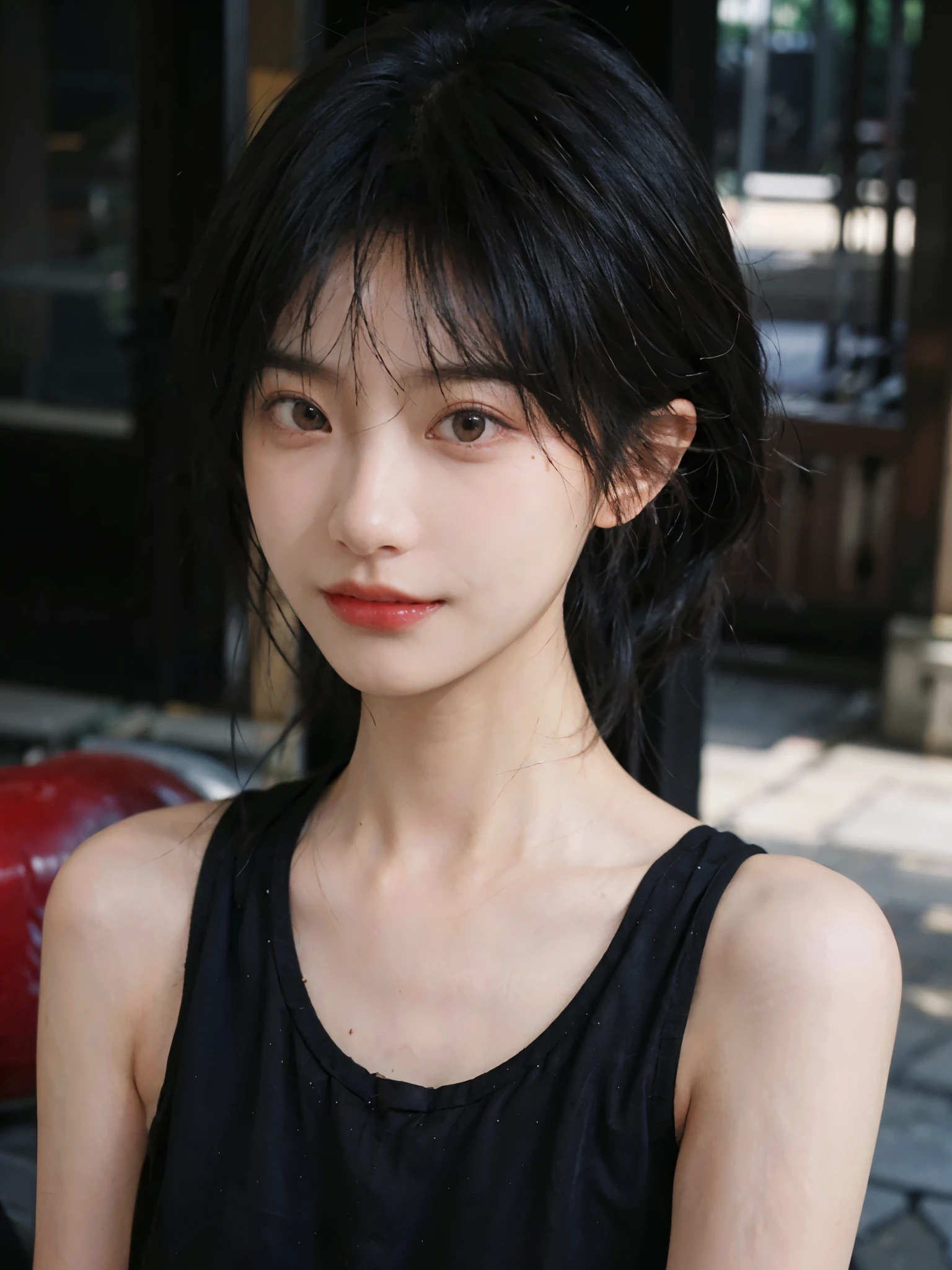 (Skin details:1.4), (smooth skin textures:1.3), (Upper Body:1.4),(Upper Body:1.3),(Black clothes:1.4),Lipstick, background, earrings, serene, calm, (Realistic and detailed eyes:1.2), Natural skin texture, Realistic facial details, Soft dramatic lighting, Vivid details, 35 mm film, outdoor, (Photo Practical:1.4), (hyper Practical:1.4), (Practical:1.3), (Smoother lighting:1.05), (Improve lighting quality:0.9), (Highest quality real skin textures:1.4), Exquisite eyes, Delicate face, Close-up of face, (Enhance the beauty of skin texture:1.1),0Normal body proportions, short hair, Moles under the eyes, A faint smile,Portrait Photography, Depth of Field, Bokeh, Surrealism, Ray Tracing, (Portrait Photography:1.1), Surrealism, High Detail, Chiaroscuro, Ray Tracing, reflected light, Ultra HD, Ultra HD, masterpiece, Textured Skin, Super Detail, High Detail, high quality, best quality
