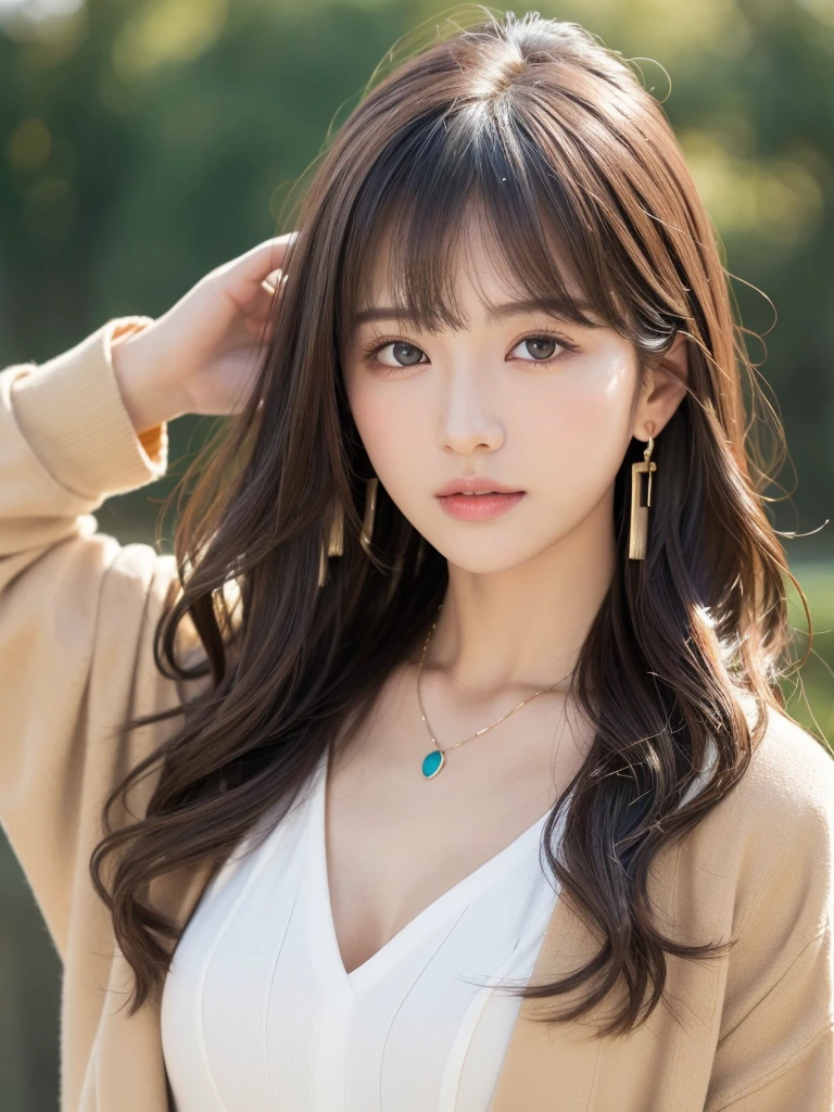  ((Highest quality, 8K, masterpiece:1.3)), concentrate: 1.2, Perfect body beauty: 1.4, Hips: 1.2, ((Long Hair, chest: 1.2)), (Dry clothes: 1.1) , (clear, Simple Background:1.3), Simple clothes: 1.1, Highly detailed face and skin texture,Delicate eyes, double eyelid, Whitened skin, Rough skin、Long Hair、Earrings with bangs、necklace、 solo、Beige coat、White shirt,  (((Beautiful girl with cute Japan)))、  ((Beautiful Japanese girl 20 years old))、 ((Baby Face))、 (((Slender body)))、  Upper Body，Face focus、necklace，Simple Background，From above， Realistic Hair、 A photograph was taken:Canon EOS R6、135mm、1/1250 seconds、f2.8、ISO400、(Detailed explanation of the hand)、(Masseter muscle area)、(Exquisite CG)、Long Hair, loose and curly hair、Korean Hair、Long Hair明るいベージュ色、グラデーションハイライトグレージュのゆるふわLong Hairスタイル、