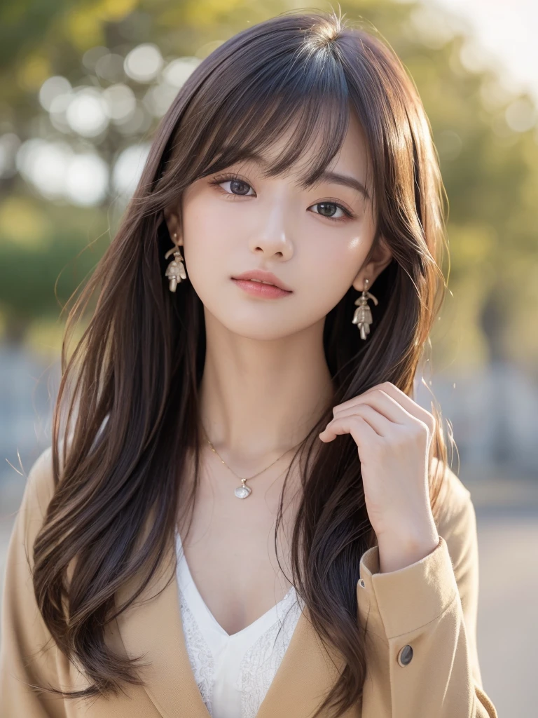 ((Highest quality, 8K, masterpiece:1.3)), concentrate: 1.2, Perfect body beauty: 1.4, Hips: 1.2, ((Long Hair, chest: 1.2)), (Dry clothes: 1.1) , (clear, Simple Background:1.3), Simple clothes: 1.1, Highly detailed face and skin texture,Delicate eyes, double eyelid, Whitened skin, Rough skin、Long Hair、Earrings with bangs、necklace、 solo、Beige coat、White shirt, (((Beautiful girl with cute Japan)))、 ((Beautiful Japanese girl 20 years old))、 ((Baby Face))、 (((Slender body)))、 Upper Body,Face focus、necklace,Simple Background,From above, Realistic Hair、 A photograph was taken:Canon EOS R6、135mm、1/1250 seconds、f2.8、ISO400、(Detailed explanation of the hand)、(Masseter muscle area)、(Exquisite CG)、Long Hair, loose and curly hair、Korean Hair、Long Hair明るいベージュ色、グラデーションハイライトグレージュのゆるふわLong Hairスタイル、