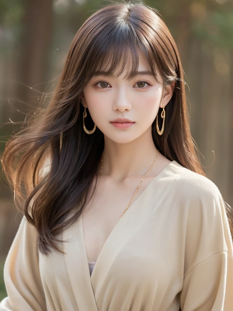  ((Highest quality, 8K, masterpiece:1.3)), concentrate: 1.2, Perfect body beauty: 1.4, Hips: 1.2, ((Long Hair, chest: 1.2)), (Dry clothes: 1.1) , (clear, Simple Background:1.3), Simple clothes: 1.1, Highly detailed face and skin texture,Delicate eyes, double eyelid, Whitened skin, Rough skin、Long Hair、Earrings with bangs、necklace、 solo、Beige coat、White shirt,  (((Beautiful girl with cute Japan)))、  ((Beautiful Japanese girl 20 years old))、 ((Baby Face))、 (((Slender body)))、  Upper Body，Face focus、necklace，Simple Background，From above， Realistic Hair、 A photograph was taken:Canon EOS R6、135mm、1/1250 seconds、f2.8、ISO400、(Detailed explanation of the hand)、(Masseter muscle area)、(Exquisite CG)、Long Hair, loose and curly hair、Korean Hair、Long Hair明るいベージュ色、グラデーションハイライトグレージュのゆるふわLong Hairスタイル、