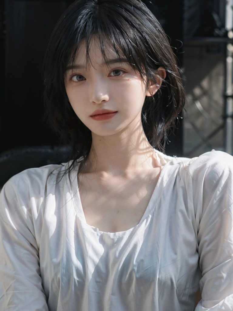 (Skin details:1.4), (smooth skin textures:1.3), (Upper Body:1.4),(Upper Body:1.3),(Black clothes:1.4),Lipstick, background, earrings, serene, calm, (Realistic and detailed eyes:1.2), Natural skin texture, Realistic facial details, Soft dramatic lighting, Vivid details, 35 mm film, outdoor, (Photo Practical:1.4), (hyper Practical:1.4), (Practical:1.3), (Smoother lighting:1.05), (Improve lighting quality:0.9), (Highest quality real skin textures:1.4), Exquisite eyes, Delicate face, Close-up of face, (Enhance the beauty of skin texture:1.1),0Normal body proportions, short hair, Moles under the eyes, A faint smile,Portrait Photography, Depth of Field, Bokeh, Surrealism, Ray Tracing, (Portrait Photography:1.1), Surrealism, High Detail, Chiaroscuro, Ray Tracing, reflected light, Ultra HD, Ultra HD, masterpiece, Textured Skin, Super Detail, High Detail, high quality, best quality