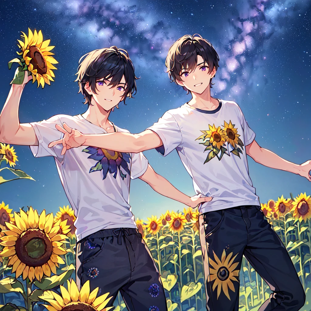 masterpiece,best quality,high quality,(1 male austere handsome solo adult age 30 years old:1.5), purple eyes, cool with suspended eyes, V-shaped eyebrows, body strong and fearless 8.5 head tall, height 185cm, (well-groomed black short hair down to neck:1.4), (bangs 7 thirds parted:1.4), slender nose, facial muscles, throat, (tee shirt with sunflower print summer fashion pants:1.3), (arms outstretched), (stylish pose), (cool smile:1.3), (background sunflower flower field:1.3) , (Milky Way Night Sky: 1.3)