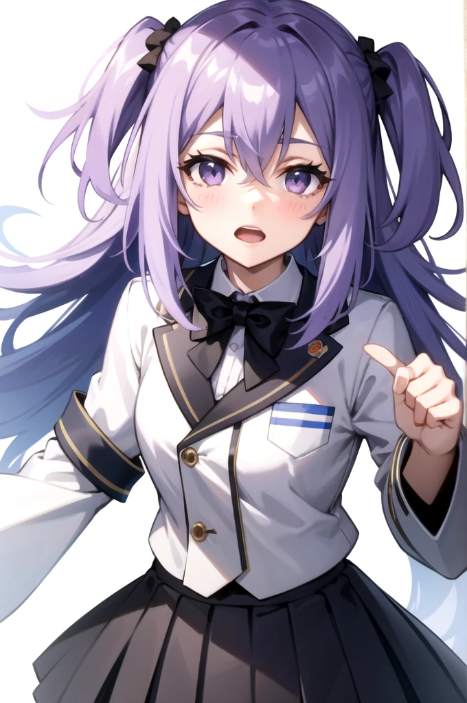 portrait, solo focus, solo, close-up, (white background, plain background, simple background:1.3), looking at viewer
 asterisk_kirin, 1girl, solo, long hair, open mouth, two side up, looking at viewer, blush, skirt, , purple eyes, light purple hair, bow, hair between eyes, bowtie, pleated skirt, long sleeves, purple hair